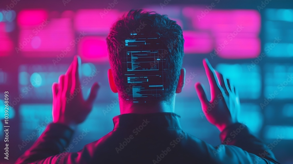 Poster futuristic human figure manipulating transparent holographic screens data visualizations and element