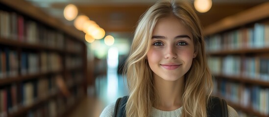 Young woman smiling in a library with bookshelves in the background.