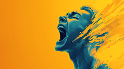 A digital illustration of a person screaming with a yellow and blue color scheme. The scream is loud and expressive, with a strong emotional impact.