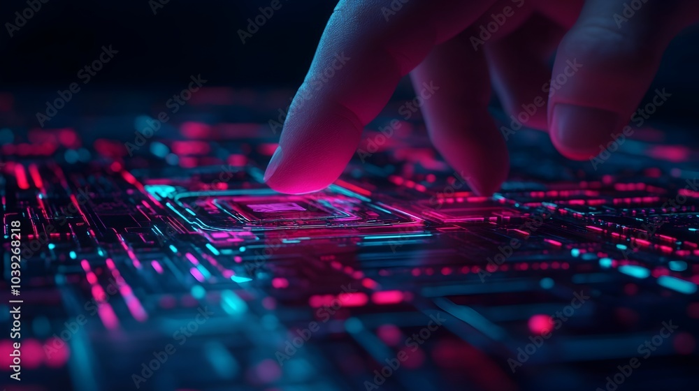 Poster futuristic scene depicting a person interacting with a holographic interface surrounded by advanced 