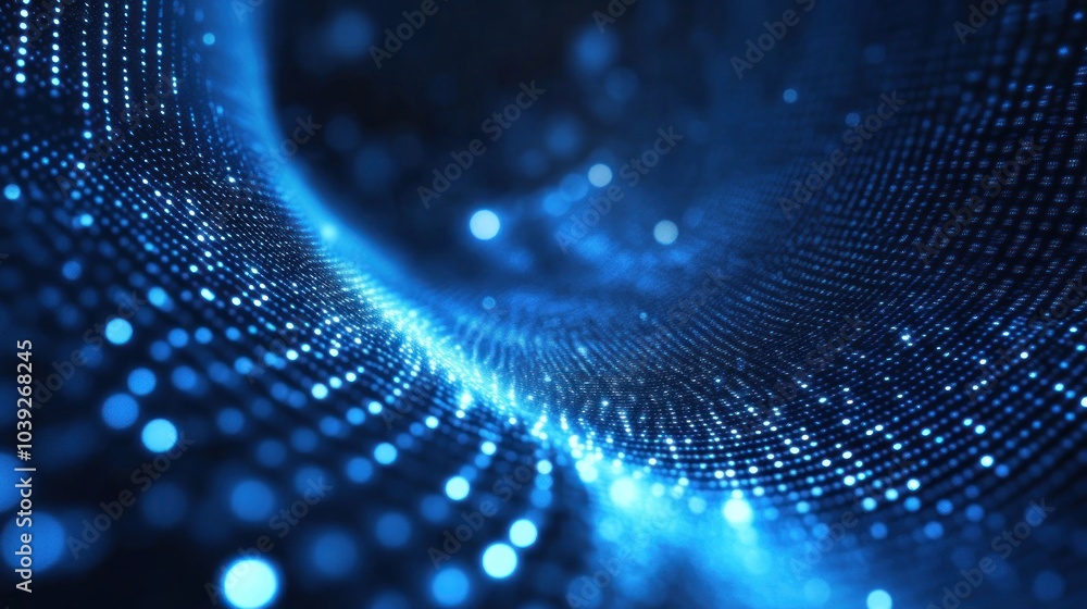 Poster abstract blue digital wave with glowing particles representing technology and data flow.