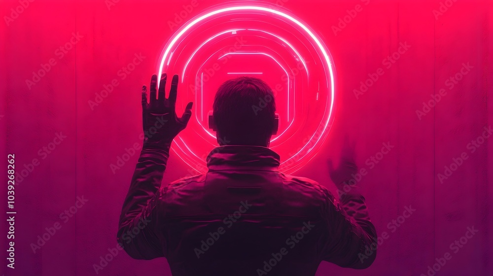Poster futuristic scene showcasing a person interacting with a holographic interface surrounded by advanced