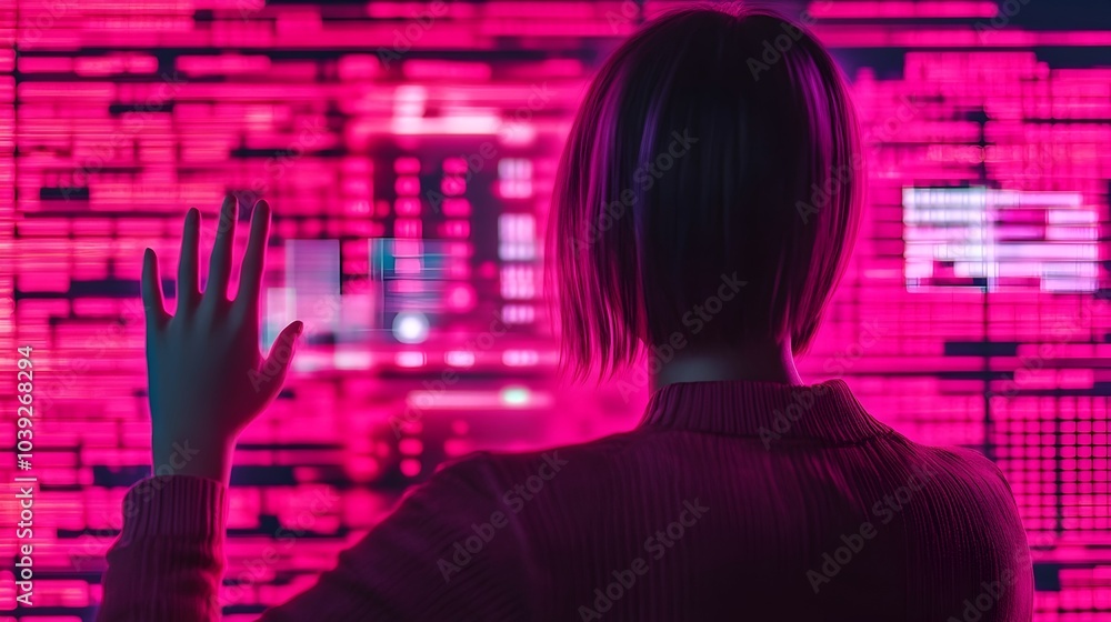 Poster person interacting with virtual holographic interfaces surrounded by glowing 3d graphs and data poin