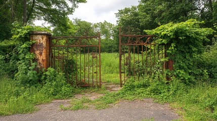 Closed factory gates with rusting metal and faded paint, symbolizing the decline of industry and the passage of time, reflecting a poignant reminder of economic shifts and the human impact of change