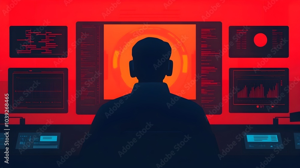 Poster silhouette of a person using a holographic control system surrounded by ai powered interfaces glowin