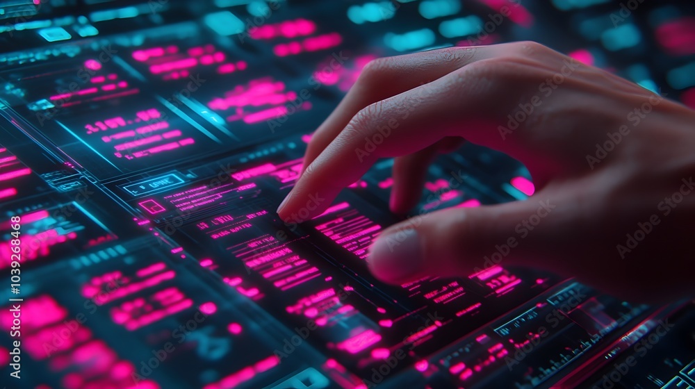 Poster close up view of human hands interacting with and manipulating holographic data panels surrounded by