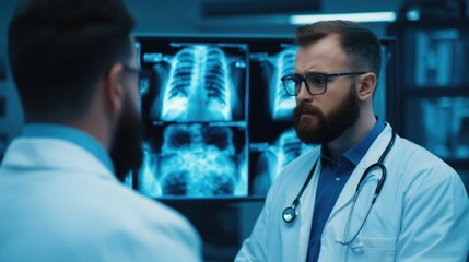 Experienced Radiologist Explaining X Ray Findings to Patient During Private Medical Consultation in Hospital or Clinic Setting with Lightbox Display