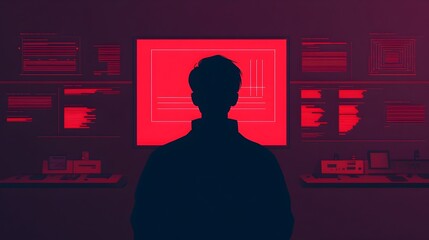 Silhouetted figure interacting with a futuristic holographic control system surrounded by glowing graphs and data visualizations powered by advanced technologies in a minimalist