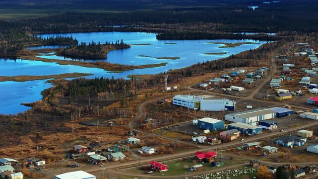 Residential On Fort McPherson Hamlet In Northwest Territories, Canada. Aerial Drone Shot