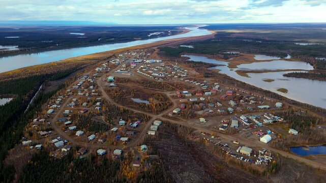 Hamlet Of Fort McPherson Along The Dempster Highway, Inuvik Region of the Northwest Territories, Canada. Aerial Shot
