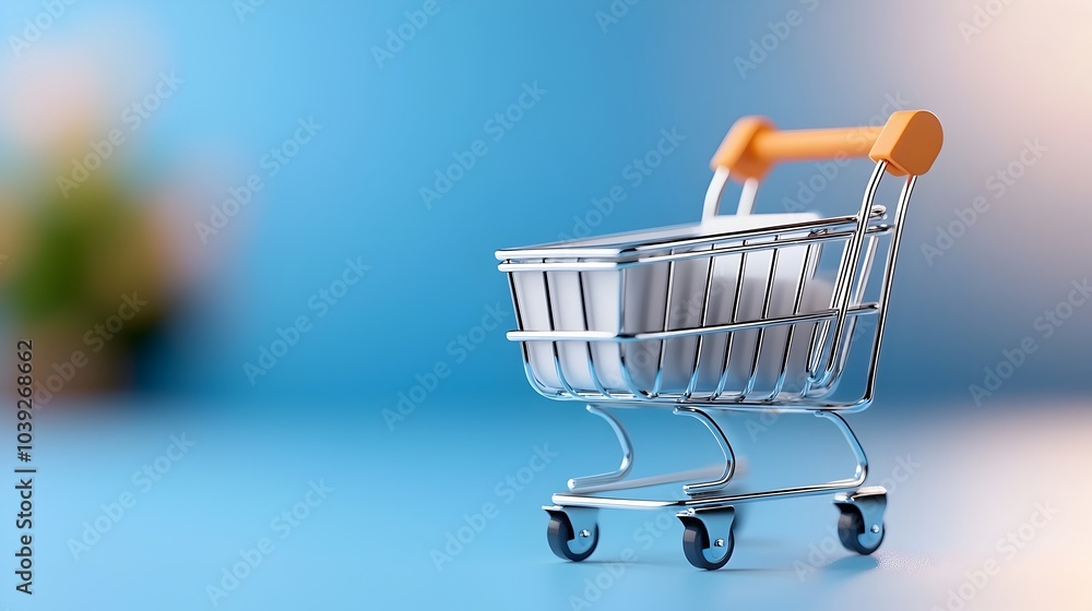 Poster soft neumorphic style shopping cart icon with a purple gradient background 3d pin buttons and a desi