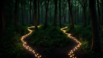 Fototapeta premium A forest path lit by the soft glow of fireflies, with their small lights creating moving, delicate patterns of light and shadow among the trees and plants.