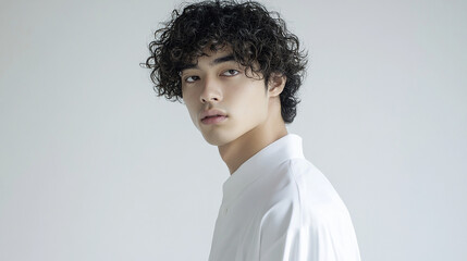 Man in white with curly hair in plain setting