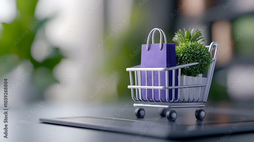 Poster minimalist neumorphic style shopping cart icon with elegant purple gradient buttons and 3d elements 