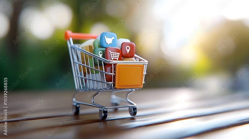 Poster neumorphic shopping cart with a purple gradient soft 3d pin buttons and outlined symbols representin