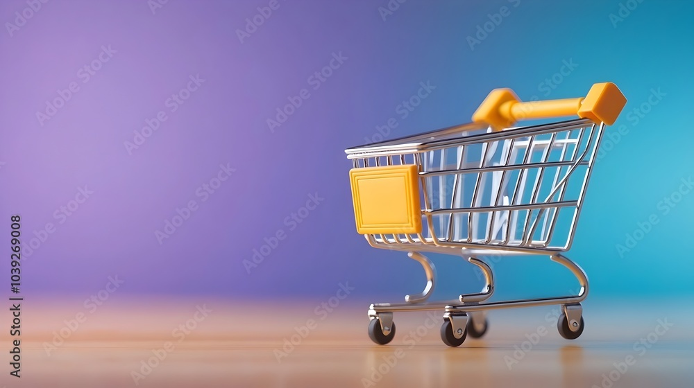 Poster neumorphic styled purple gradient background 3d shopping cart symbol with pin buttons and outline si
