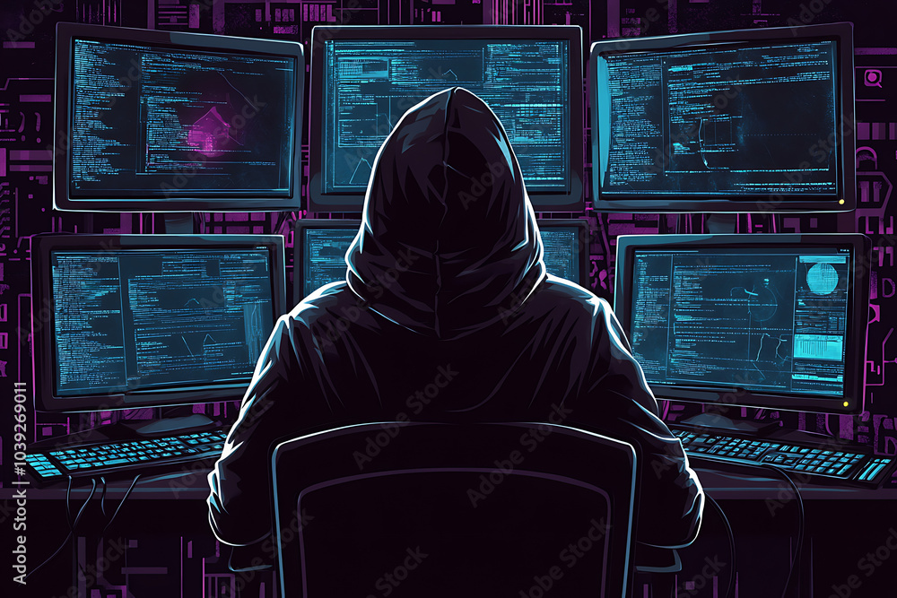 Poster a hooded figure sits before multiple screens displaying code and data, suggesting hacking activity.