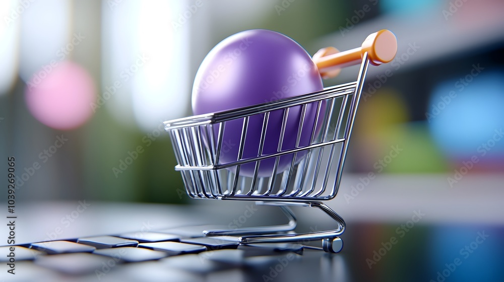 Poster purple gradient shopping cart icon with neumorphic buttons and 3d design for online buying and ecomm