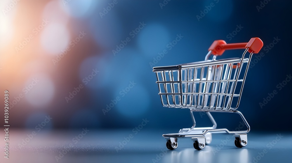 Poster stylized neumorphic shopping cart icon with 3d purple gradient buttons representing a modern online 