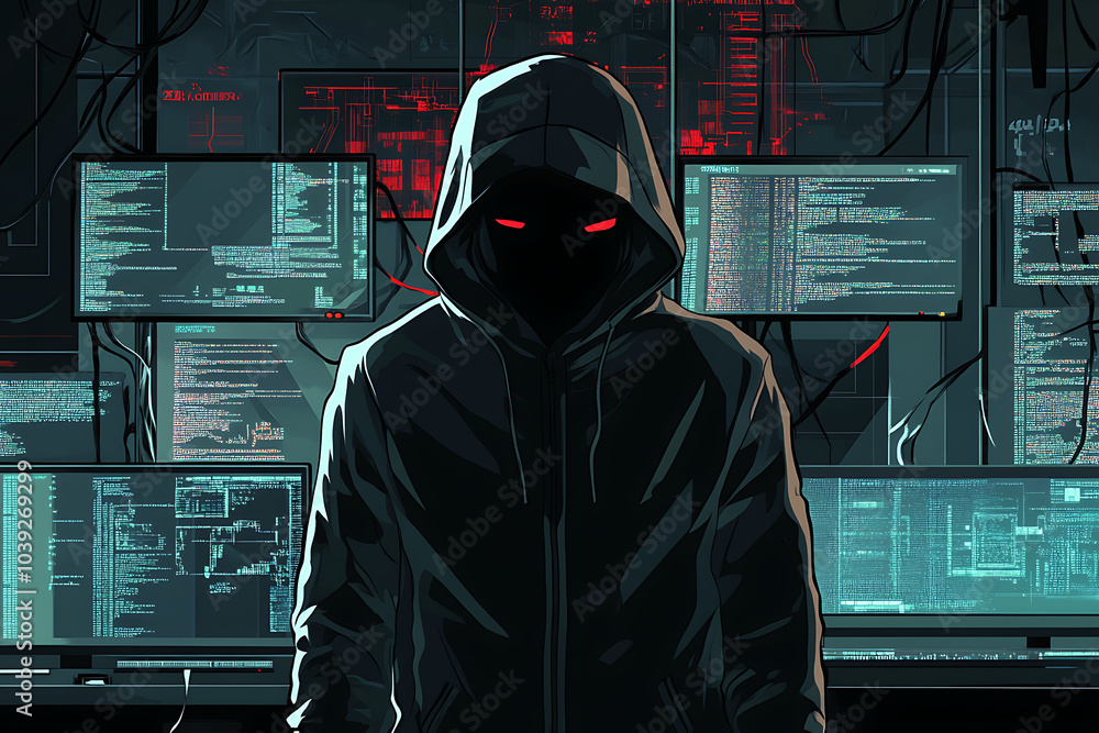 Poster a mysterious figure in a hoodie stands before glowing computer screens, suggesting hacking or cyber 