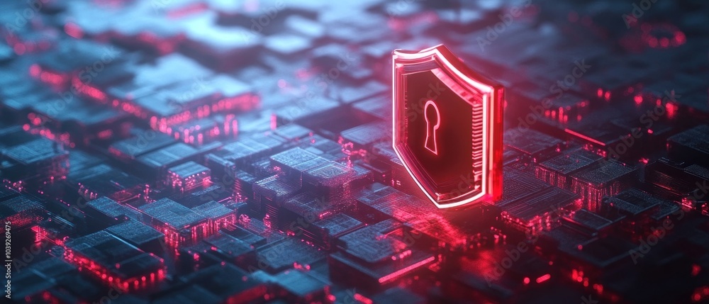 Poster a digital shield with a keyhole, symbolizing cybersecurity and data protection.