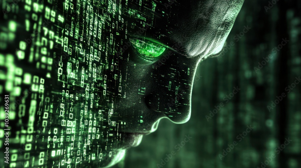 Poster a close-up of a humanoid face with a green digital eye, surrounded by binary code.