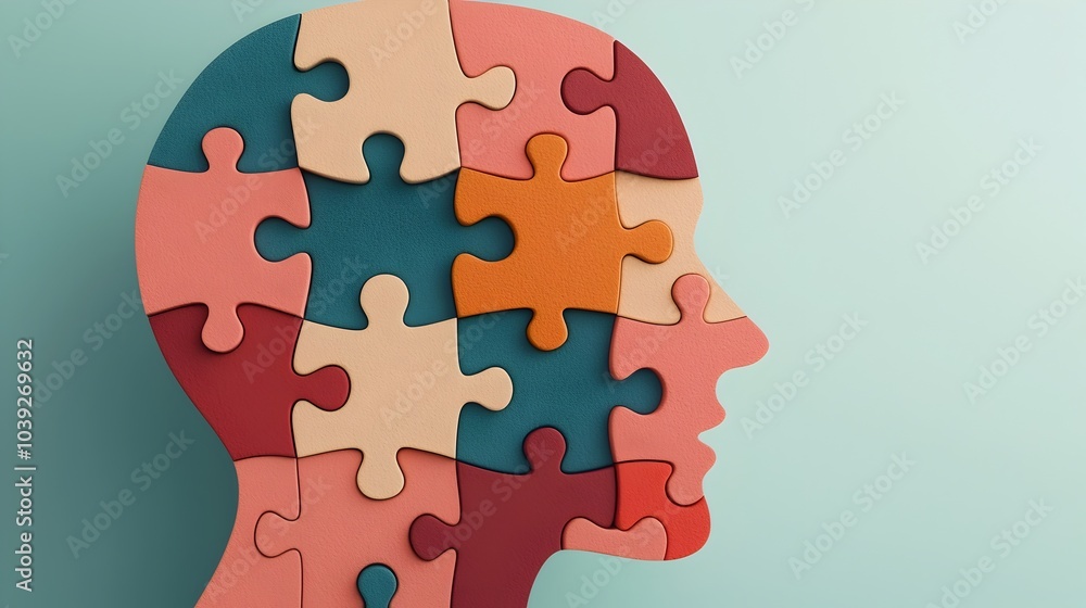 Poster abstract puzzle head with interlocking pieces symbolizing the process of mental health recovery and 