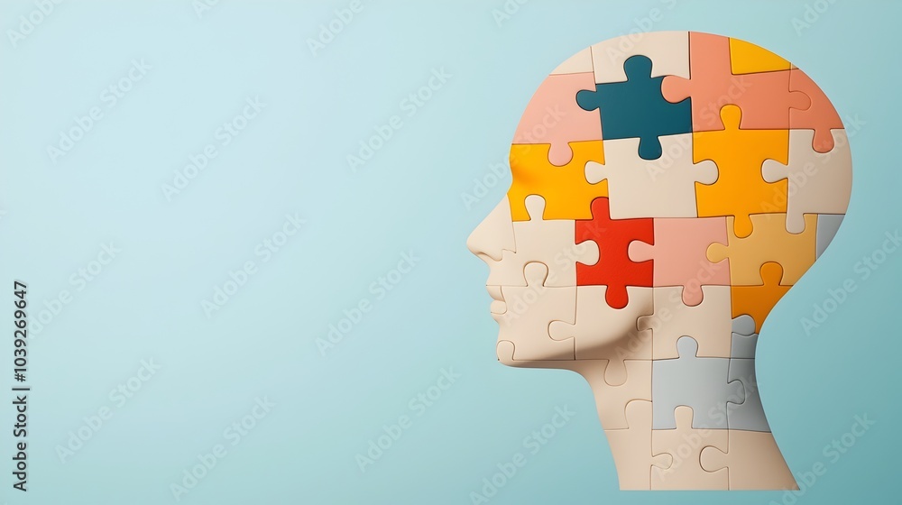 Poster abstract 3d digital of a puzzle head with interlocking pieces symbolizing the process of mental heal