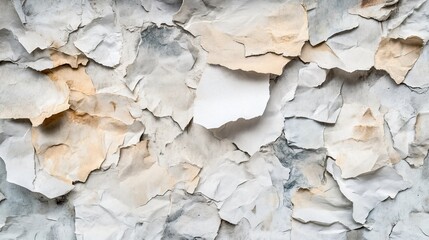 Abstract texture of peeling paint on a wall with different shades of white, cream, brown, and gray.