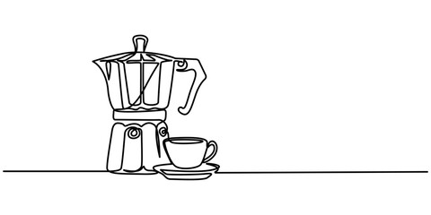 Coffee accessories continuous one line drawing. Italian coffee geyser pot, Cezve and Coffee Continuous Line Icon