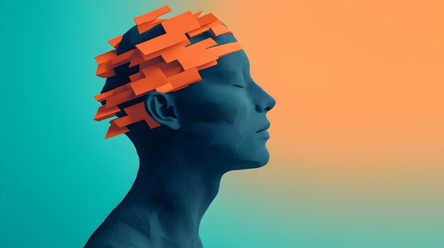 Surreal and imaginative digital of a puzzle piece shaped human head symbolizing the mental health challenges and the of the mind  This artwork was created for World Mental Health Day