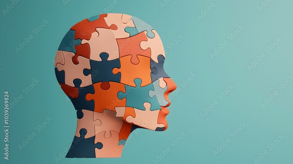 Poster an abstractly constructed human head made up of puzzle pieces representing the fragmented yet interc