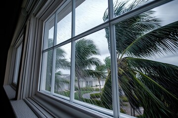 Inside of a home during a hurricane, palms in background being blown by the strong winds and rain, house is protected with the windows 