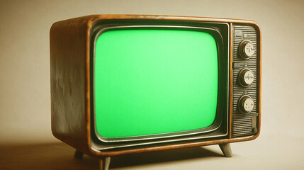 Old-fashioned television set with green screen and knobs, perfect for vintage or retro themes.