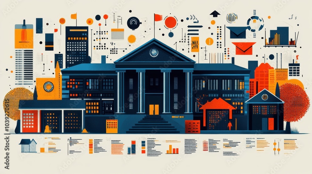 Poster abstract cityscape with graphs and data elements in vibrant colors