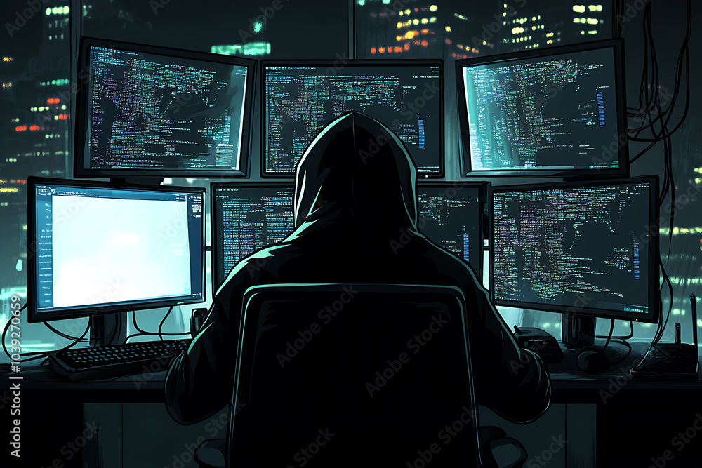 Poster a hooded figure sits at a desk surrounded by multiple monitors displaying code and data.