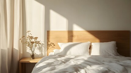 Minimalist Bedroom Oasis with Wooden Accents and Natural Tones