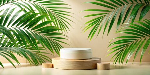 Fototapeta premium Minimalist Pedestal Display for Eco-Friendly Natural Cosmetics with Green Palm Leaves for Sustainable Beauty Promotion