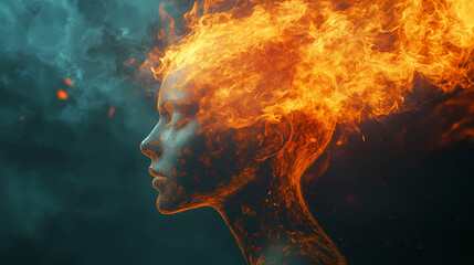 A woman's face is engulfed in flames, with a dark teal background. The fiery hair is a powerful visual representation of passion and intensity.