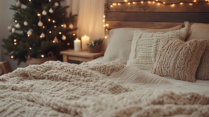 Cozy bedroom with chunky knit blankets, textured pillows, Christmas tree, and warm candlelight for a festive winter ambiance.