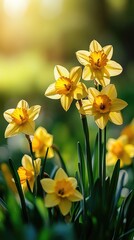 Obraz premium Yellow narcissus flowers blooming in spring garden