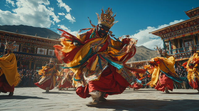Hemis Festival, Tibetan monks wear colorful traditional costumes and big masks, they dance with graceful movements in the courtyard of the magnificent Hemis monastery, Ai generated images