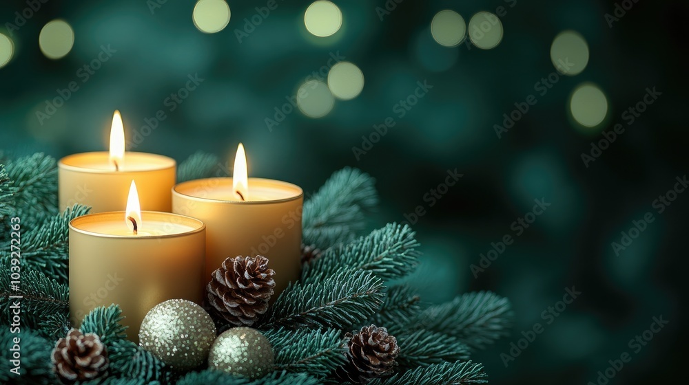 Wall mural burning advent candles with evergreen branches and pine cones on green background