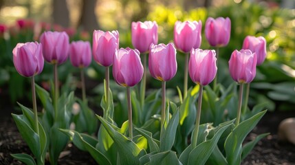 Fototapeta premium A bed of purple tulips in a garden