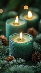 Burning green candles creating festive christmas atmosphere with pine branches and pine cones
