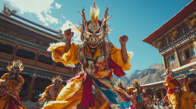Hemis Festival, Tibetan monks wear colorful traditional costumes and big masks, they dance with graceful movements in the courtyard of the magnificent Hemis monastery, Ai generated images