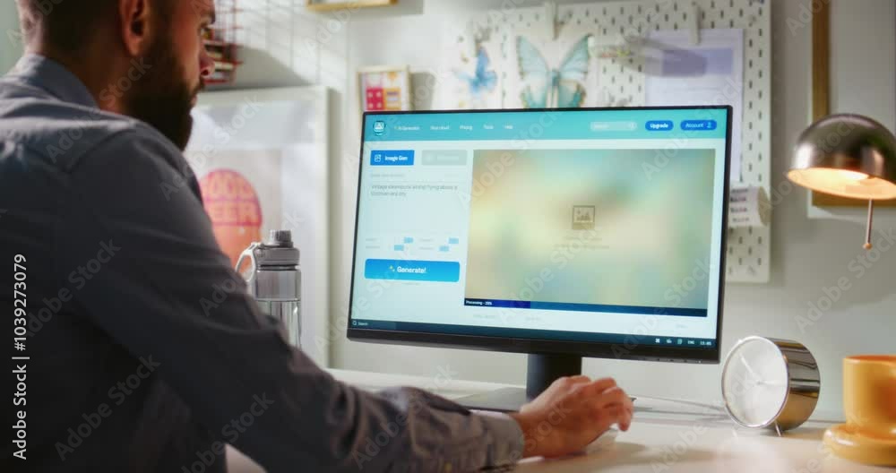 Poster adult man types prompt in ai image generator on pc. artificial intelligence software generates detai
