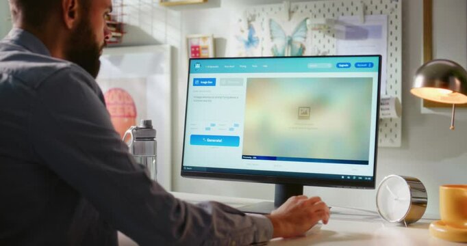 Adult man types prompt in AI image generator on PC. Artificial intelligence software generates detailed photo of steampunk airship flying above the city. Online text to image app. Automated artwork.