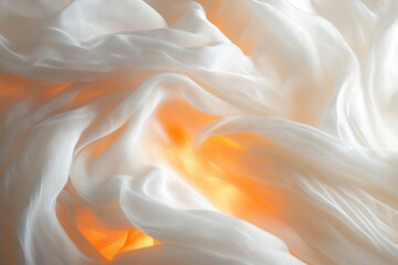 Fototapeta premium Off-white soft and fluffy silk threads, entangled together, with orange light in the middle spreading outwards