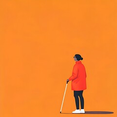 A modern illustration of a person using a white cane, symbolizing support for visually impaired individuals, set against a bright orange background. Space left at the bottom for a slogan
